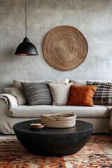 Creative composition of boho living room interior with beige sofa, black round coffee table, boho lamp, partition wall, plaid, colorful basket on wall, Generative AI