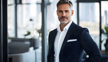 Portrait of a Confident Man in a Suit, Standing in a Modern Office Setting