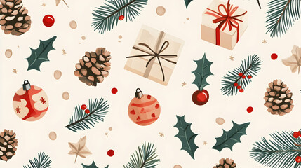 Simple Christmas pattern with pine cones, holly leaves, presents, and ornaments on a light background -