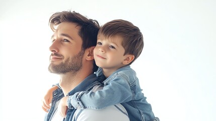 A father and son are smiling at each other.