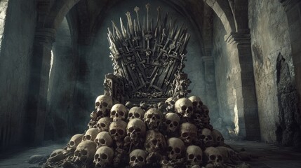 A haunting medieval Gothic throne constructed from skulls and skeletons, set in a shadowy stone fortress