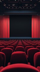 A luxurious theater auditorium viewed from behind with seats at a higher elevation in the back and lower closer to the stage. The stage is a blank black screen with red curtain pulled back