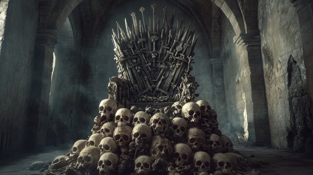 A haunting medieval Gothic throne constructed from skulls and skeletons, set in a shadowy stone fortress