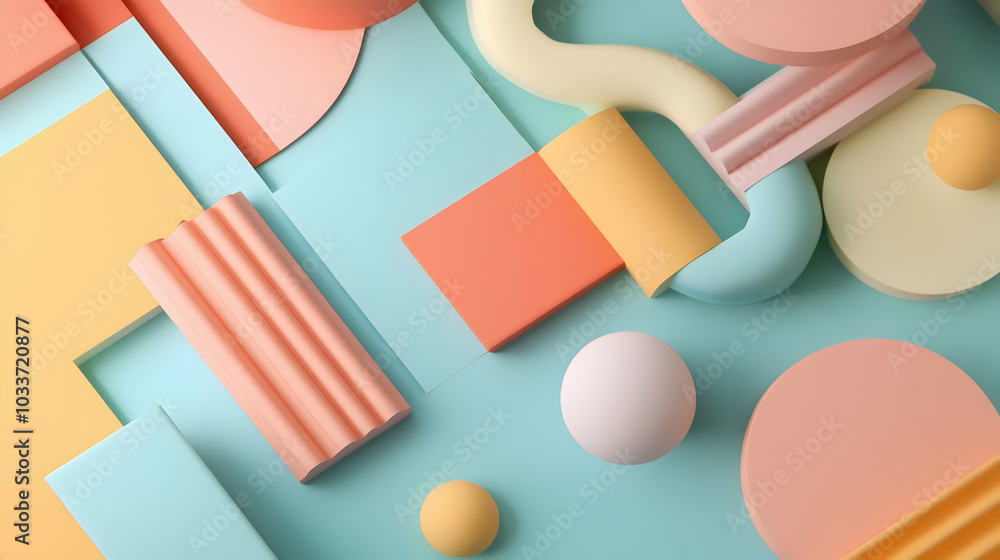 Poster smooth 3d pastel shapes arranged in a geometric layout, featuring a soft color palette -
