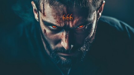 A man with the mark of the beast on his forehead. 666 the number of the beast. Biblical prophecy where no man or woman can buy or sell if they don't have the mark of the beast embedded in the forehead