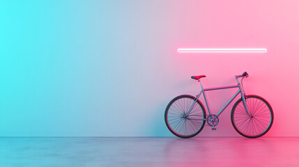 Fototapeta premium A stylish bicycle stands against a vibrant wall illuminated with neon lights, creating a modern and dynamic atmosphere.