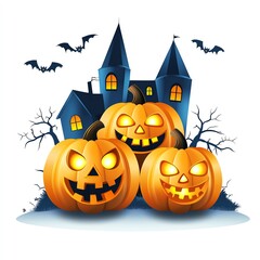 A colorful illustration featuring spooky jack-o'-lanterns in front of a haunted house, with bats flying in the background, perfect for Halloween themes.