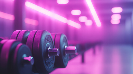 Fototapeta premium Close-up of a set of dumbbells in a vibrant gym setting with neon lights, emphasizing fitness and exercise.