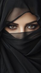 Naklejka premium Alluring woman with face covered by a veil, revealing captivating eyes. Arabic royalty, queen, princess, or sorceress concept. Female wearing Niqab, Burqa, Hijab, Chador