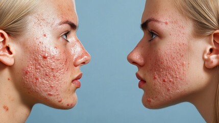 Obraz premium Close-up of two women's faces with acne and scarring