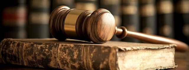 A wooden gavel and book on top of an old, worn-out law book on the table