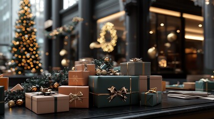 A festive scene featuring beautifully wrapped presents and a decorated Christmas tree in a cozy setting.