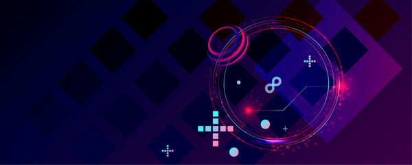 Dark retro futuristic cyberpunk elements abstraction background cosmos synthwave vaporwave retrowave glitch circle with blue and pink glows