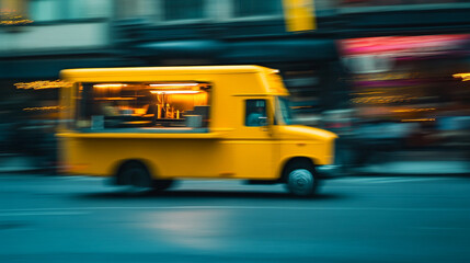 Obraz premium A vibrant yellow food truck in motion through a bustling city street at twilight