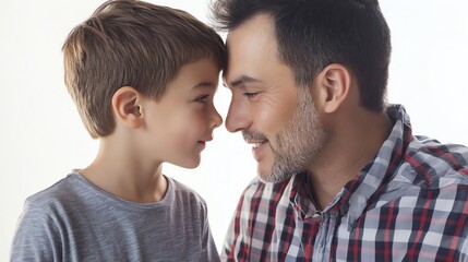 Obraz premium A father and son are looking at each other and smiling.