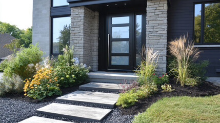 Elegant aluminum door with vertical glass inserts, leading into a contemporary home, surrounded by sleek architectural elements --chaos