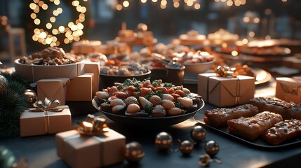 A festive table with wrapped gifts, snacks, and Christmas decorations.  The setting evokes a warm and celebratory atmosphere.