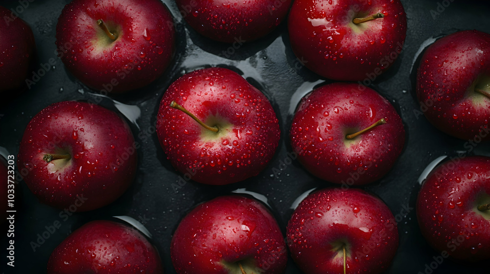 Poster top view of red apples on a dark table with water drops -