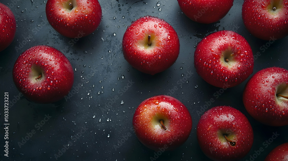 Poster top view of red apples on a dark table with water drops -