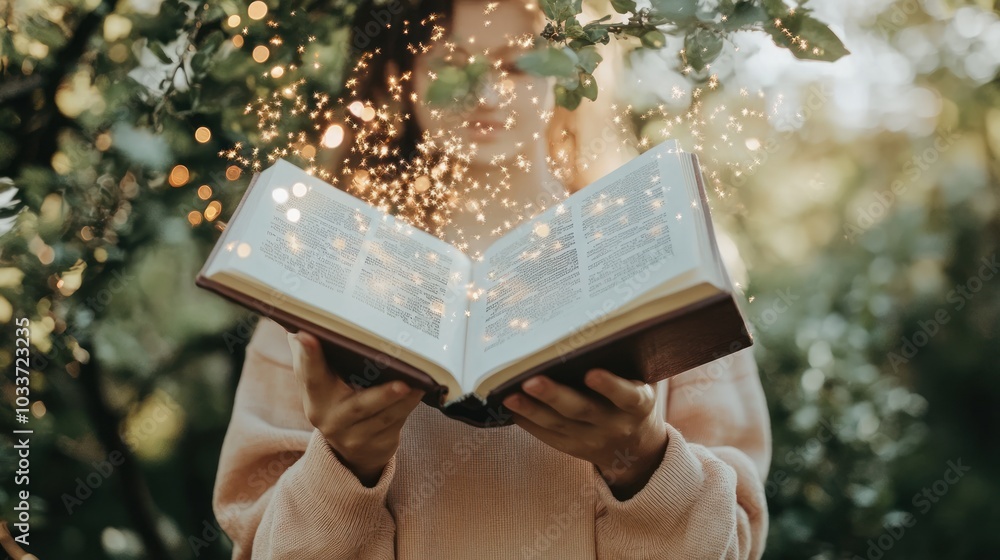 Poster person holding an open book with sparkling lights in front of a green foliage background