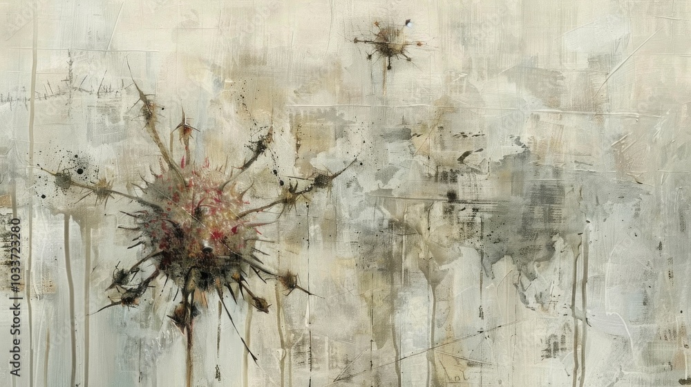 Poster abstract painting with explosive floral patterns and soft neutral background