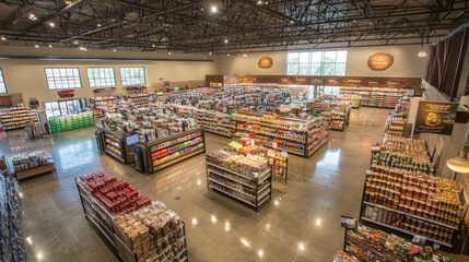 Expansive retail warehouse with a well-organized layout, high shelves packed with products, and efficient aisle space for customer movement --chaos