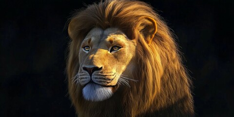 Fototapeta premium A magnificent hyper-realistic lion with a deep, soulful gaze, looking directly into the camera. Its detailed mane and golden fur glow softly against the black background