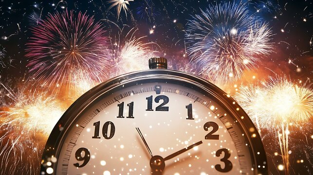 A large digital countdown clock striking midnight on New Year's Eve with fireworks in the background