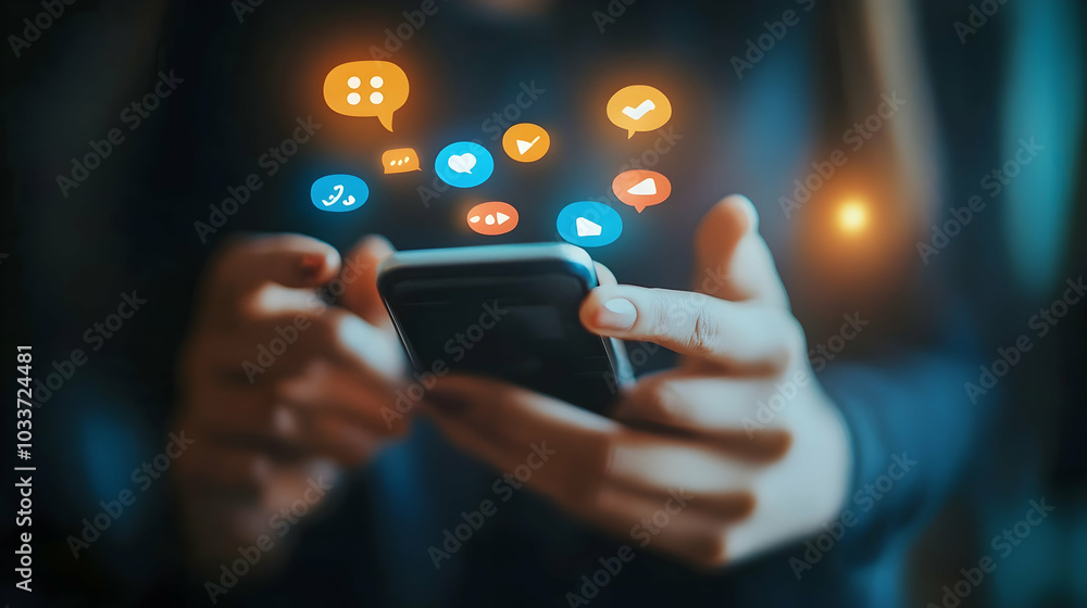 Poster using a smartphone to chat on social media, followed by speech bubble notifications -