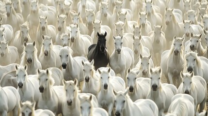 Obraz premium Black horse stands out among herd of white horses in dusty landscape