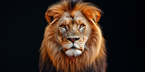 Fototapeta premium A magnificent hyper-realistic lion with a deep, soulful gaze, looking directly into the camera. Its detailed mane and golden fur glow softly against the black background