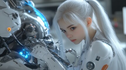 Fototapeta premium Beautiful cyborg woman performing mechanical maintenance with long white hair