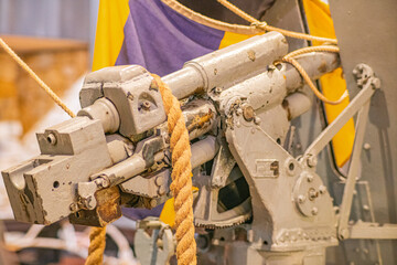 Machine gun navy artillery. Automated machine gun on the deck of a military Ukrainian ship, at sea. detail of weapons from the Russian-Ukrainian war.