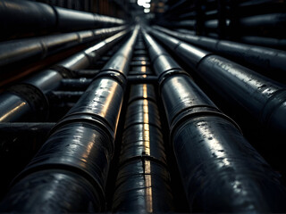 A long line of pipes extends through a dimly lit room, creating a stark industrial atmosphere.