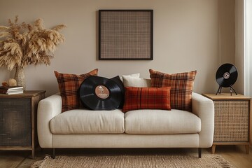 The stylish composition of cosy entryway with grey bench, black consola, hanger and lamp. Beige wall. Home decor. Template, Generative AI