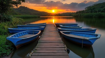 Obraz premium Serene sunset over a lake with blue boats.