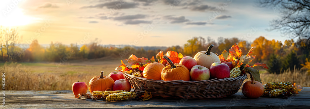 Wall mural Basket Of Pumpkins, Apples And Corn On Harvest Table With Field Trees And Sky Background - Thanksgiving