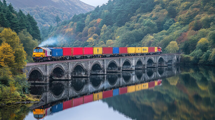 Freight train carrying containers crossing a bridge over a river, with reflections of the loaded cars in the water below --chaos