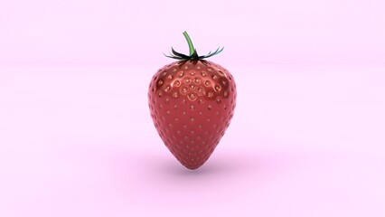 A single, glossy strawberry rendered in 3D against a soft pink background. The strawberry stands alone, showcasing its vibrant red color and detailed texture, emphasizing freshness and simplicity.