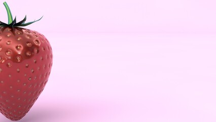 A single, glossy strawberry rendered in 3D against a soft pink background. The strawberry stands alone, showcasing its vibrant red color and detailed texture, emphasizing freshness and simplicity.