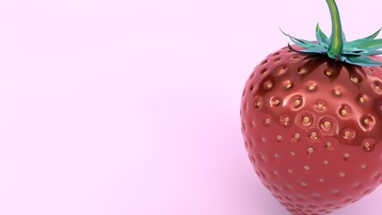 A single, glossy strawberry rendered in 3D against a soft pink background. The strawberry stands alone, showcasing its vibrant red color and detailed texture, emphasizing freshness and simplicity.