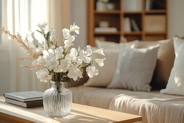 Modern interior design of living room with brown wooden sofa, gray bookstand, glassy vase with flowers, decoration and elegant accessories. Beige and japandi concept. Stylish home staging