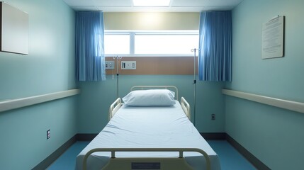 An empty hospital bed in a room with a window and curtains.