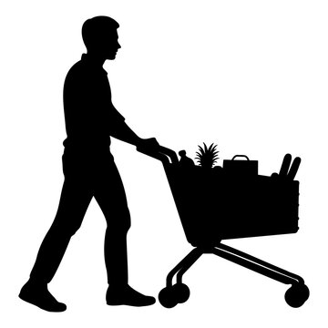 recommend clip art: Silhouette of a man pushing a shopping cart full of groceries. Vector illustration
