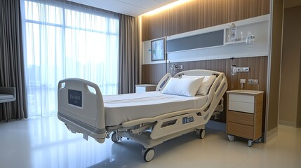 An empty hospital bed in a room with a window and curtains.