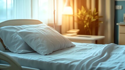 A hospital bed with white sheets and pillows in a room with a window.
