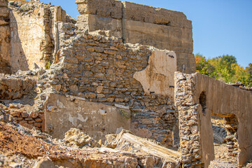 Destroyed and abandoned buildings of the city after the war, bombing, Apocalypse Dead city, ruins,...