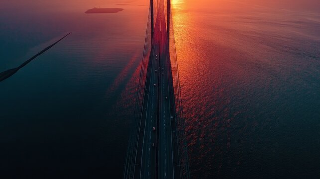 Gorgeous aerial image of the Oresundsbron bridge, which connects Sweden and Denmark. Close-up of the Oresund Bridge at dusk.