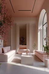 Minimalist living room interior design with pastel colors and bold asymmetry in a spacious setting showcasing modern decor