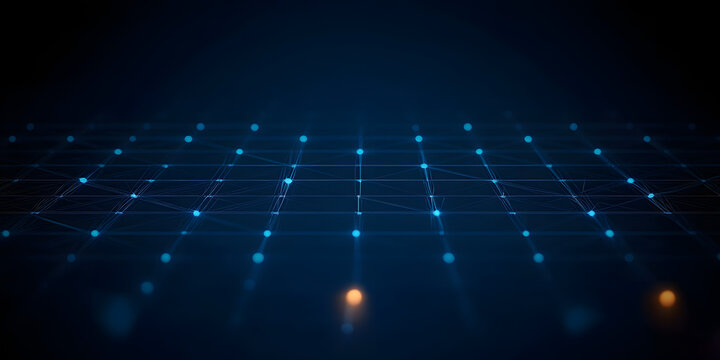 Abstract blue grid perspective design background with lighting. High technology lines landscape connect of future